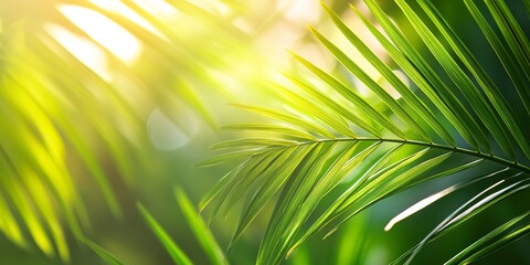 Poster - Close-up photo of palm leaves with different light on them. The concept of summer holidays in exotic places. Summer trendy background