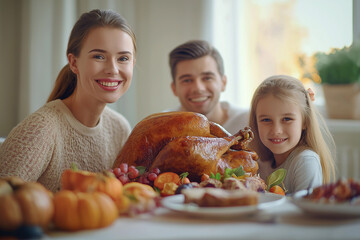 Wall Mural - smiling family with juicy roasted turkey for thanksgiving sitting at table with food and celebrating, generative AI