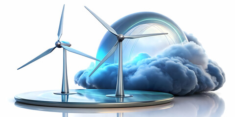 3D Glossy Cloud and Wind Turbine with Holographic Data Concept for Wind Energy Efficiency - High Angle Shot with Copy Space (122 characters)