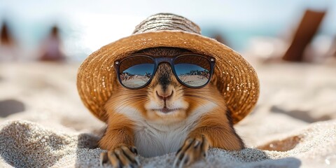 Canvas Print - A squirrel wearing sunglasses and a hat relaxing on the beach. 