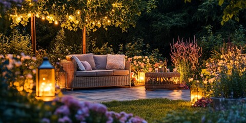 Poster - inviting outdoor living space in lush garden cozy summer evening on patio with flowers and lanterns 