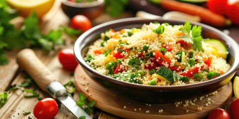 Poster - Classic Middle Eastern vegetarian couscous paired with sautÃƒÂ©ed vegetables, featuring a vibrant mix of spicy couscous, fresh herbs, and zesty citrus.