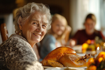 Wall Mural - smiling old woman with juicy roasted turkey for Thanksgiving in front of family and table with food, generative AI