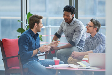 Wall Mural - Business people, meeting and startup in office for collaboration, discussion or creative proposal. Startup, brainstorming and partnership in workplace for teamwork, strategy or pitch with diversity