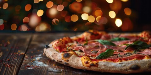 Sticker - Close-up of a pizza surrounded by ingredients, showcasing culinary details of this Italian delicacy.