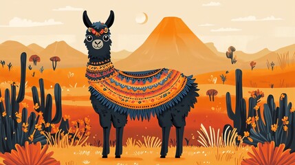 Wall Mural - Charming Llama in Poncho - Retro Cartoon Character Design with Bright Colors and Earth Tone Background