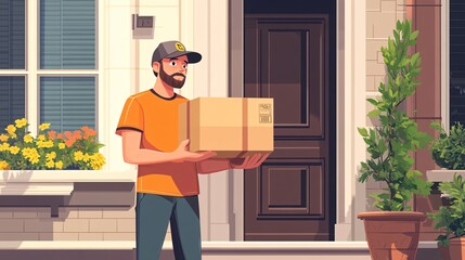 Wall Mural - Happy Delivery Person Bringing Package to Doorstep - Retro Cartoon Illustration in Warm Brown Tones