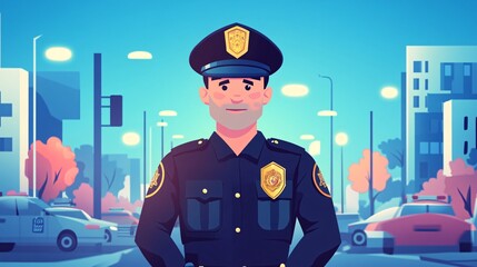 Wall Mural - Retro Style Police Officer Directing Traffic - Colorful Flat Illustration with Charming Cartoony Design and Dynamic Poses