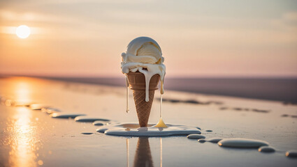 ice cream in cone against lake background