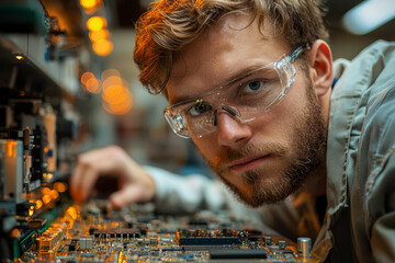 Poster - an engineer inspecting a complex circuit board in a high-tech laboratory, demonstrating precision an