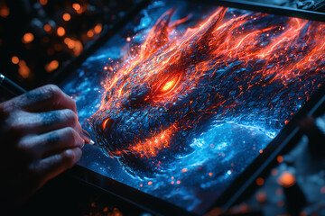 Fototapete - An artist creating digital art on a tablet with stylus, demonstrating the use of technology in creative expression and digital artwork. Concept of digital art and creative technology.