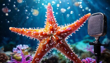 A creative underwater scene featuring a starfish seemingly singing into a microphone amidst a colorful coral reef. The whimsical setup and vibrant colors add a playful twist to marine life photography