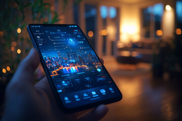 Poster - A user interfacing with a smart home system via a smartphone app, showcasing advancements in home automation and Internet of Things (IoT) technology. Concept of smart homes and IoT.