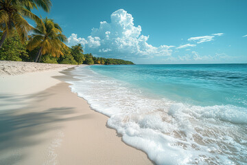 Poster - A tranquil beach with powdery white sand and turquoise waters under a bright, sunny sky, illustrating the idyllic beauty of tropical destinations.