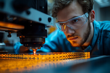 Aufkleber - a technician calibrating a high-precision laser cutting machine in a workshop, demonstrating the use