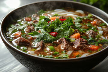 Poster - A steaming bowl of pho with aromatic herbs, rice noodles, and tender beef, showcasing the depth and richness of Vietnamese noodle soups. Concept of pho and Vietnamese cuisine.