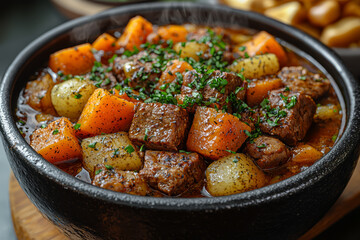 Wall Mural - A steaming bowl of hearty beef stew with root vegetables and savory broth, capturing the comfort and satisfaction of a classic home-cooked meal.