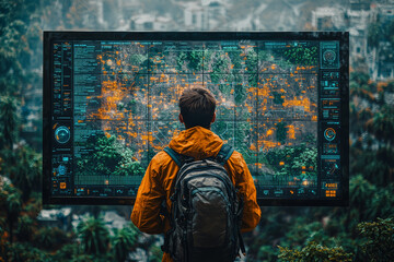 Poster - a person using a high-resolution satellite image to monitor environmental changes, reflecting the ap