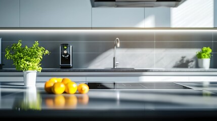 Contemporary kitchen with energy-saving technology and solar-powered gadgets, promoting clean energy