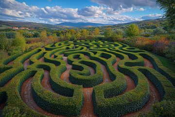 Poster - a labyrinthine hedge maze in a formal garden, capturing the intrigue and challenge of navigating com