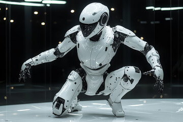 Poster - a high-tech robot performing a complex dance routine, capturing the blend of technology and performa