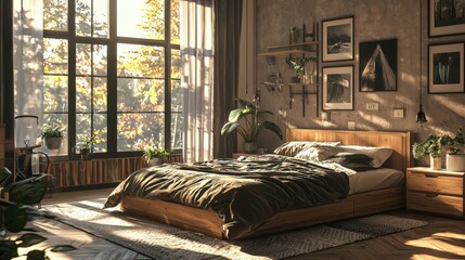 Wall Mural - Cozy bedroom with eco-friendly bedding and smart home integration, promoting sustainability