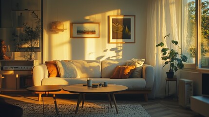 Cozy living room with smart heating solutions and eco-friendly materials, reducing carbon emissions