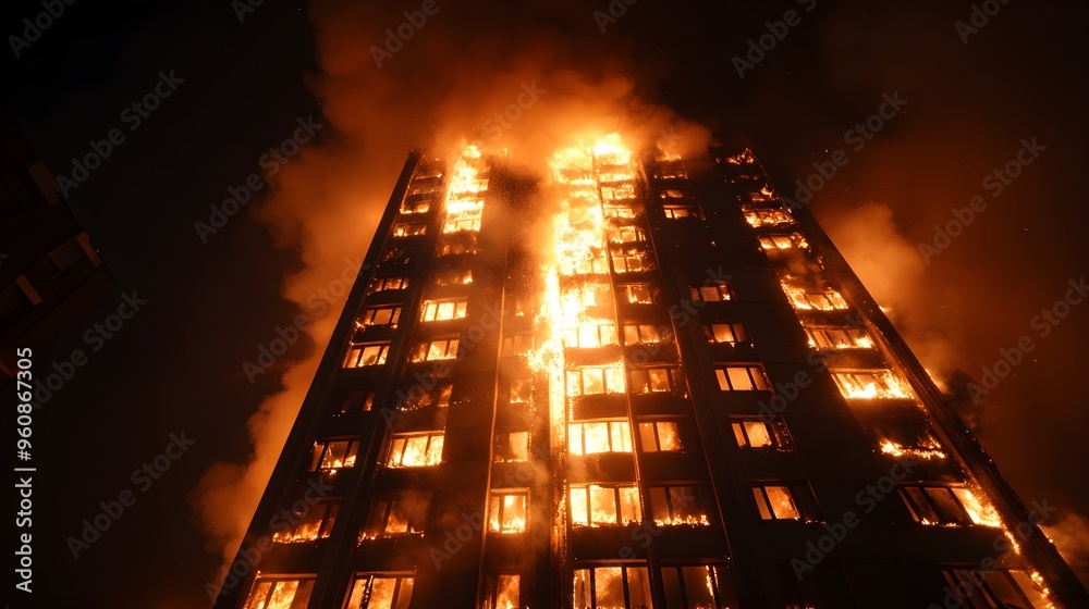 Burning apartment in a high-rise, fire crews in action with hoses, bright flames illuminating ...
