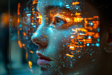 Aufkleber - A close-up of a holographic display projecting interactive images, highlighting the cutting-edge technology in modern information systems. Concept of holography and interactive tech.