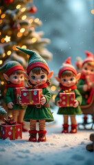 Wall Mural - Christmas elves holding gifts in Christmas wreath with tree lights and sparkles