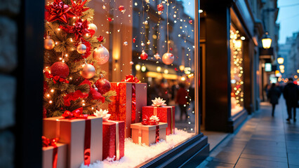 windows of commercial premises decorated with Christmas decorations and seasonal sales in the city