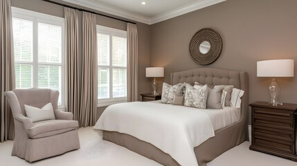 Poster - Tranquil Taupe Bedroom Showcasing a Harmonious and Calming Color Palette Featuring Cozy Furnishings and a Serene Ambiance for a Relaxing Living Space