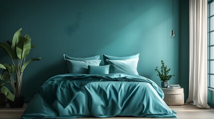 Poster - serene teal hued bedroom oasis with minimalist design and calming ambiance a tranquil retreat featur