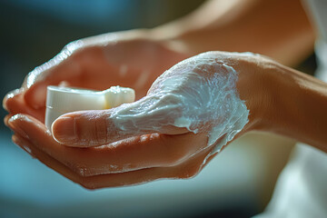 Wall Mural - An individual applying ointment to a burn on their hand, illustrating first aid and treatment for minor burns. Concept of burn care and first aid.