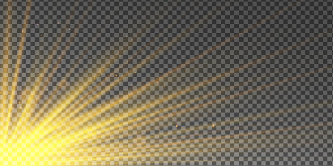 Wall Mural - Glow light star, yellow sun rays, gold glare bokeh. Flare with golden rays of light and magic sparkles. Bright Star. Abstract golden rays will raise. 