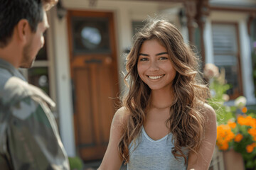 Young Woman Smiling Outdoors In Front Of House With Flowers