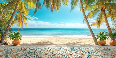 Wall Mural - View of beautiful palm trees on the beach from a beautiful mosaic floor with tropical floral patterns 