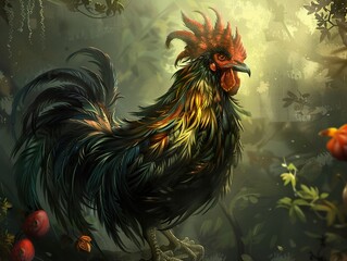 Sticker - Majestic Rooster in a Lush Jungle Setting