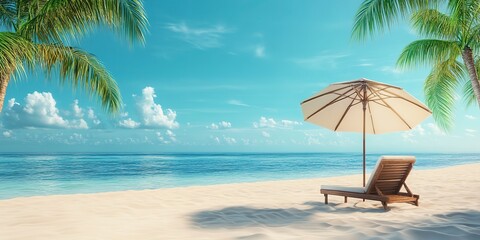 Wall Mural - Umbrella with palm trees and sand summer beach chair