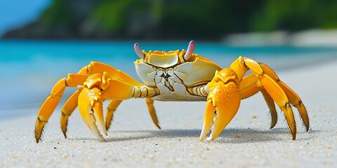 Wall Mural - Yellow land crab on sandy beach , wildlife, crustacean, tropical, colorful, claws, marine, coastal, nature, creature, exotic 