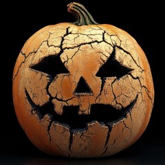 Wall Mural - Cracked jack-o-lantern glowing against a dark background in autumn