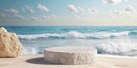 Poster - Summer sand and sea product placement background with empty flat stone podium 