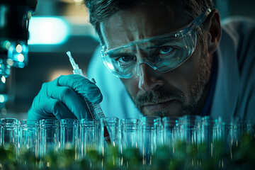 Poster - a scientist conducting an experiment in a biosafety lab with a focus on developing vaccines, showcas