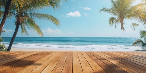 Sticker - A wooden floor with a vibrant tropical beach in the background, calm waves and palm trees, perfect for a relaxing and sunny vacation atmosphere 