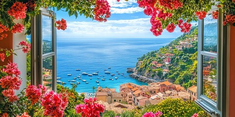 Poster - View of the Mediterranean Sea from the open window. Flowers overlooking the ocean and coastal towns. Picturesque coastal landscape. 