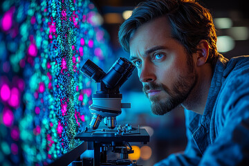 Poster - a researcher examining a sample of infected cells under a high-powered microscope, illustrating the 