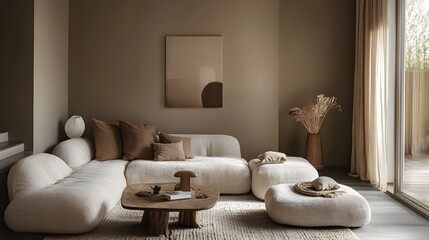 Poster - Warm and Inviting Taupe Color Scheme Showcased in a Cozy and Minimalist Living Room Interior Design with Matching Furniture and Clean Simple Aesthetic