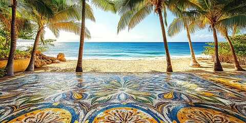 Wall Mural - View of beautiful palm trees on the beach from a beautiful mosaic floor with tropical floral patterns 