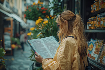 Wall Mural - A person reading information about symptoms and prevention strategies on a health information poster, highlighting the importance of public awareness.