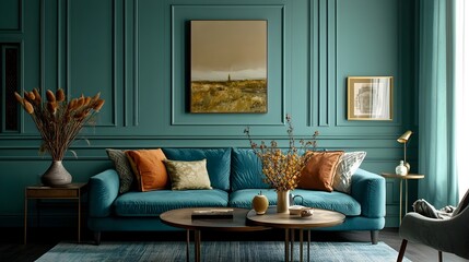 Wall Mural - Teal Toned Living Room with Sophisticated and Harmonious Interior Design A Calming and Elegant Space with Minimalist Decor and Balanced Furnishings